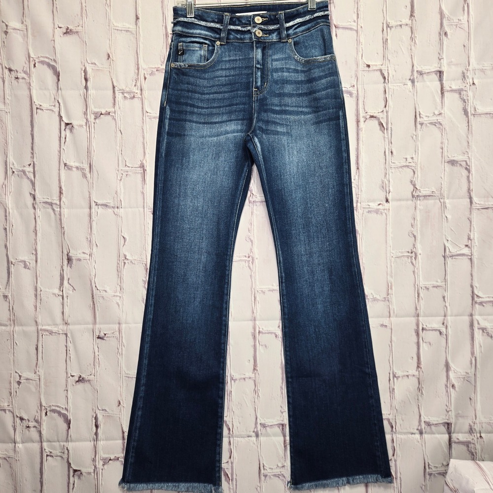 KanCan Denim Blue Jeans Flare Legs Mid-Rise Double Button Raw Hem Women 26